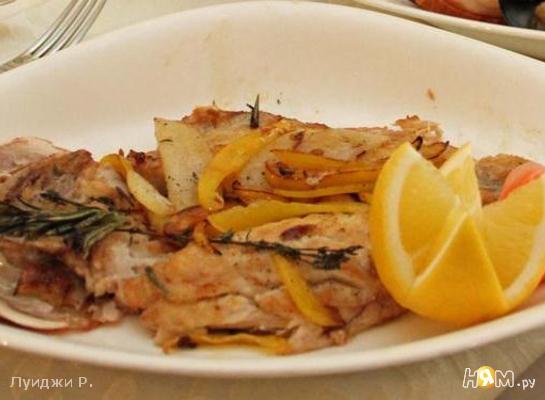 Рецепт Морская рыба фламбе с виски и грушей